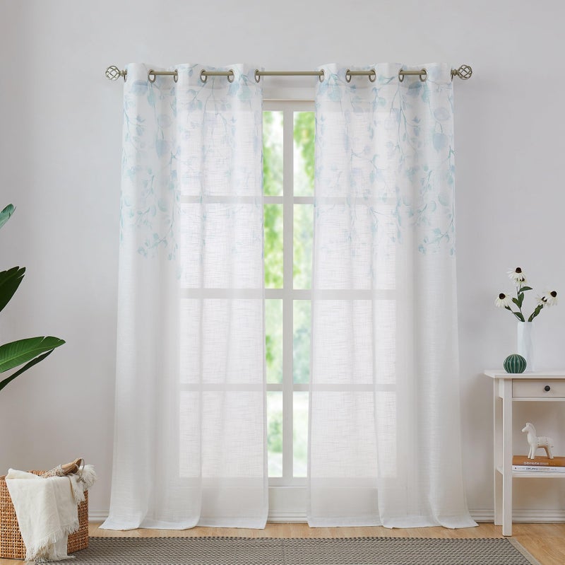 Central Park Leaf Floral Print Metallic Sheer Window Curtain Panel for Rustic Living Room/Bedroom Sparkling Decorative 6 Grommets Top Drape Panels Farmhouse Curtains, Teal Blue,40" x 84"x2, 2 PK - Image 2